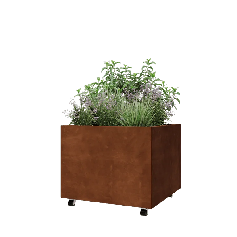 Cortenstahl Pflanzkübel - Viereckig - 80 x 80 x 60 cm - Mit Bodenplatte - Mit Rollen
