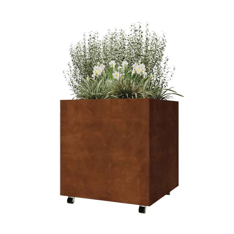 Cortenstahl Pflanzkübel - Viereckig - 80 x 80 x 80 cm - Mit Bodenplatte - Mit Rollen