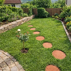 Trittplatten aus Cortenstahl für einen geradlinigen Gartenweg mit natürlicher Ausstrahlung